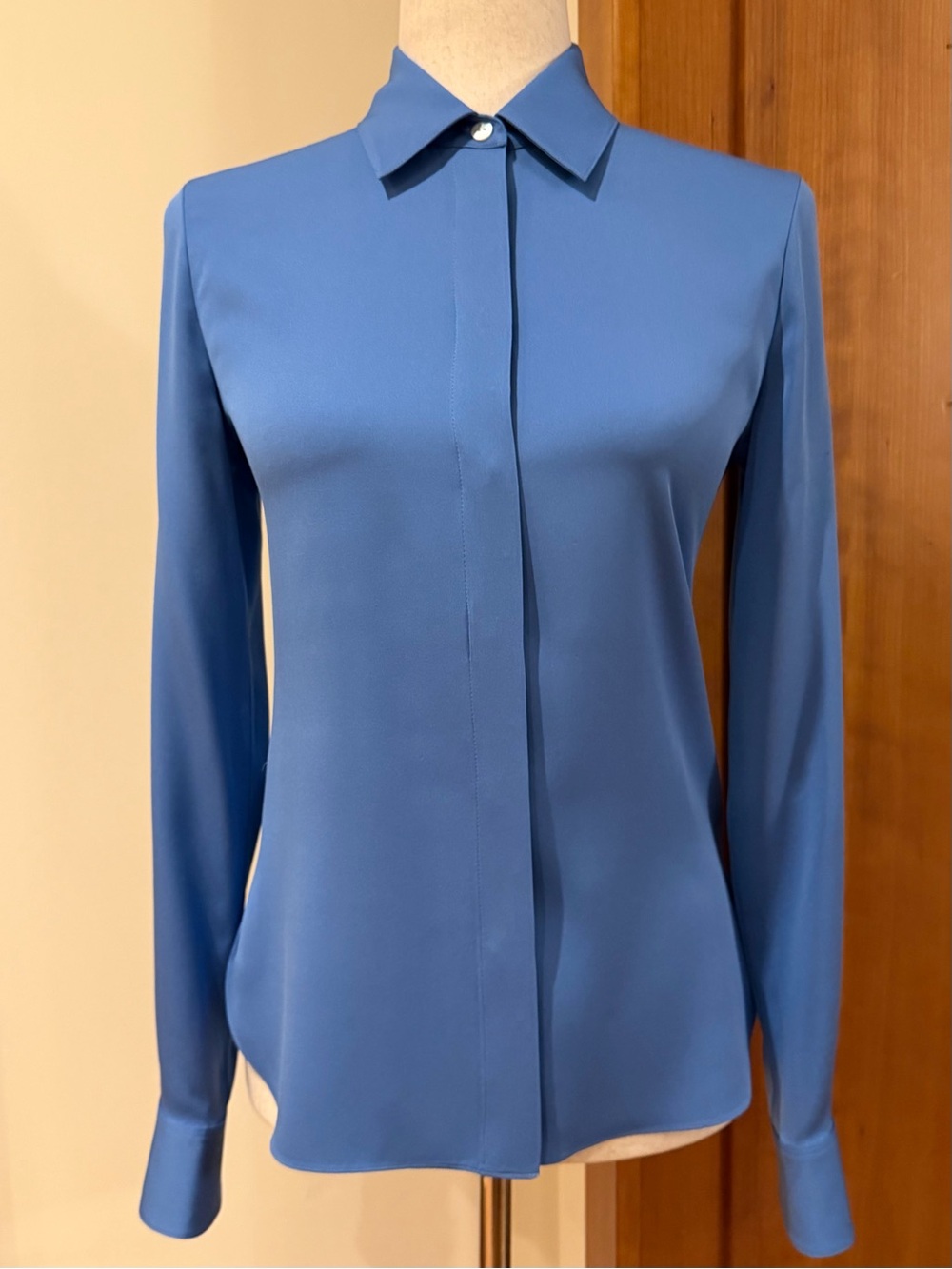 Theory Slate Blue Hidden-Placket Long-Sleeve Silk Blouse